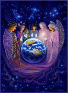 a circle of women in prayer, shining their light onto the earth