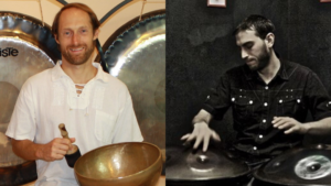Kirk Jones smiling, holding a large bronze singing bowl in front of 2 Paiste gongs and Jed Blume actively playing 2 handpans